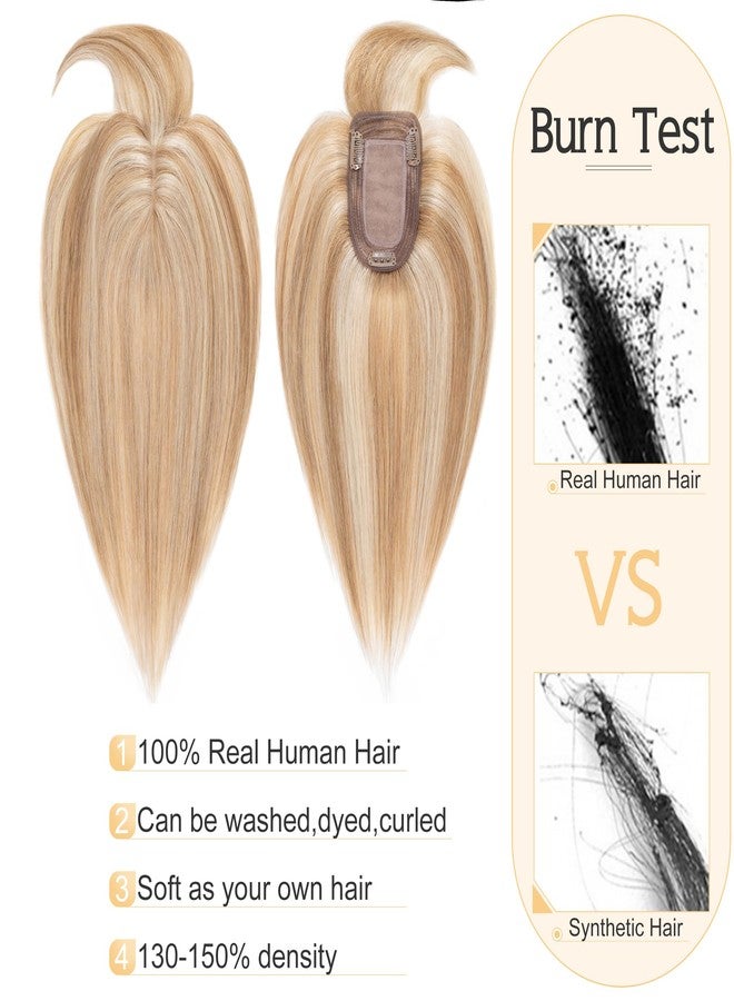 SEGO Hair Toppers for Women Real Human Hair With Bangs, 7 * 13CM Silk Base 100% Remy Human Hair Clip in Top Wiglet Hairpieces Add Volume -6 Inch Golden Brown&Bleach Blonde - Image 2